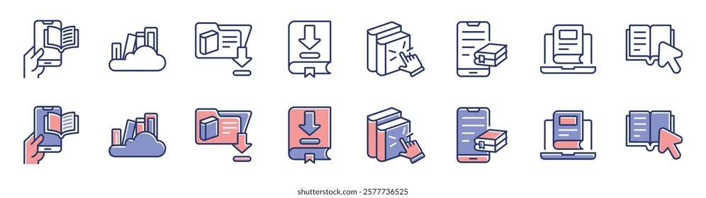 education online library icon line set read and learn book course download arrow digital e-book journal literature business signs vector illustration for web and app