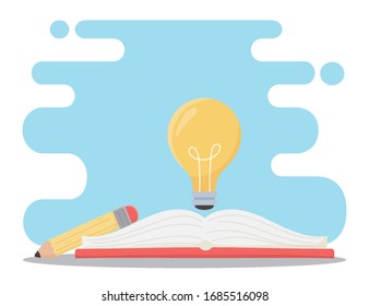 education online, light bulb on book and pencil vector illustration