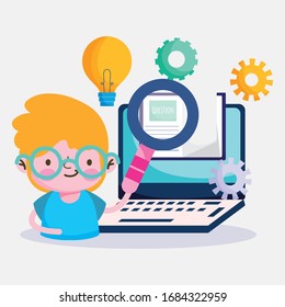 education online, little boy with magnifier question in computer book, coronavirus pandemic vector illustration