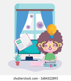 education online, little boy in room with computer books plant, coronavirus pandemic vector illustration