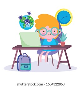education online, little boy studying with computer, sick world coronavirus pandemic vector illustration