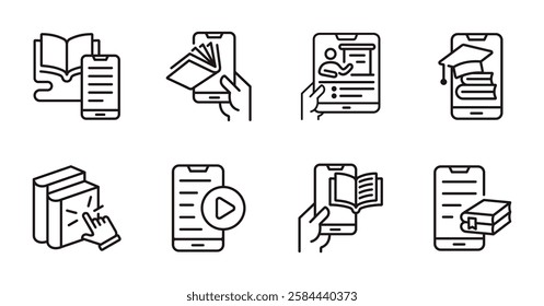 education online mobile learning icon line set school course study classroom lecture read book signs vector outline illustration