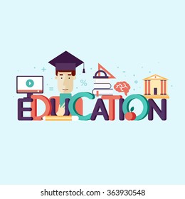Education, on-line education, on-ine learning. Typographic poster. Banner. Flat design vector illustration. 