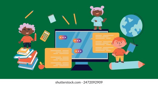 Education online. School supplies. School backpacks, note paper, books, calculator. Flat vector illustration.	
