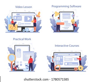 IT education online service or platform set. Student write software and create code for computer. Video lesson, interactive course, programming software, practical work. Vector illustration.