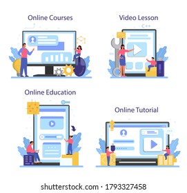 IT education online service or platform set. Student write software and create code for computer. Digital technology. Online course, tutorial, education, video lesson. Vector illustration.