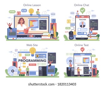 IT education online service or platform set. Student write software and create code for computer. Coding script for project. Online lesson, chat with professor, website, test. Vector illustration.