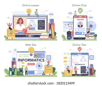 IT education online service or platform set. Student write software and create code for computer. Digital technology for website. Online lesson, chat with professor, website, test. Vector illustration
