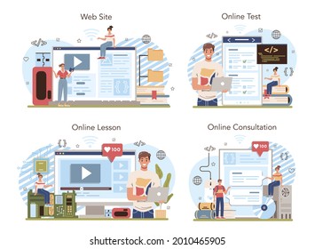 IT education online service or platform set. Student write software and create code for computer. Coding script for website and app. Online lesson, test, consultation, website. Vector illustration.
