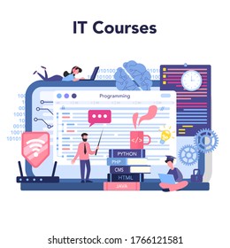IT education online service or platform. Student write software and create code for computer. Coding script for project and app. Online computer science course. Vector illustration.