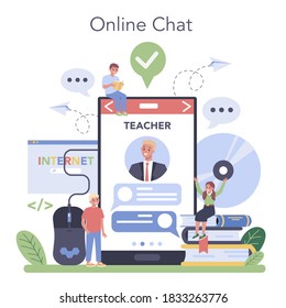 IT education online service or platform. Student write software and create code for computer. Digital technology for website. Online chat with professor. Vector illustration