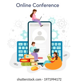 IT education online service or platform. Student write software and create code. Digital technology for website interface. Online conference. Vector flat illustration.