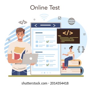 IT education online service or platform. Student write software and create code for computer. Coding script for website and app. Online test. Vector illustration.