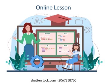 IT education online service or platform. Students learn programming, write software and encode script for computer. Online lesson. Flat vector illustration.