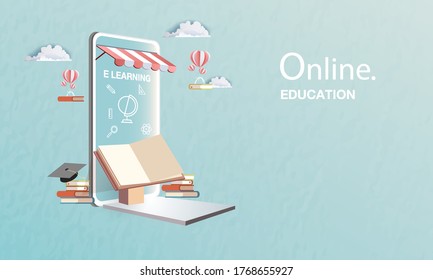 education online with smart phone blue backgroud vector illustation website classroom online.