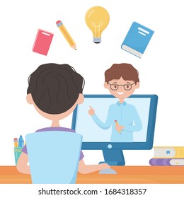 education online student boy looking video teaching virtual vector illustration