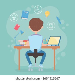 education online student boy sitting back view in desk studying with computer vector illustration