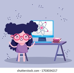 education online, student girl with computer and books in desk vector illustration