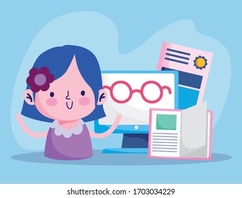 education online, student girl with computer glasses diploma book vector illustration