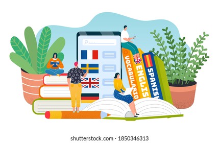 Education online, study knowledge in internet web technology vector illustration. School book in smartphone, people flat student have language curse concept. Digital studying in university.