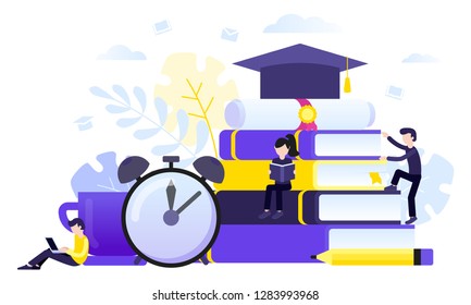 Education, online education, study, passing exams, graduation concept. People study and getting a diploma. Vector illustration with tiny characters for web site, landing page, banner, infographic.