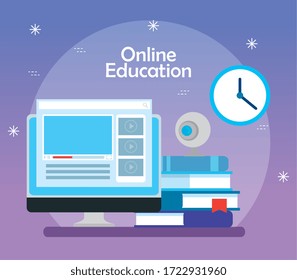 education online technology with computer and icons vector illustration design