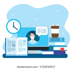 education online technology with computer and icons vector illustration design