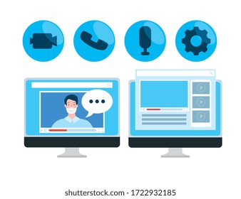 education online technology with computers and icons vector illustration design