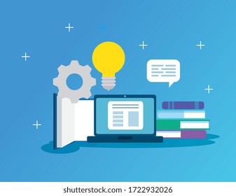 education online technology with laptop and icons vector illustration design