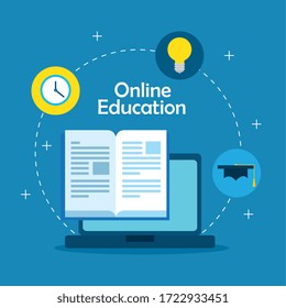 education online technology with laptop and icons vector illustration design