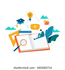 Education, online training courses, distance education vector illustration. Internet studying, online book, tutorials, e-learning, online education design for mobile and web graphics