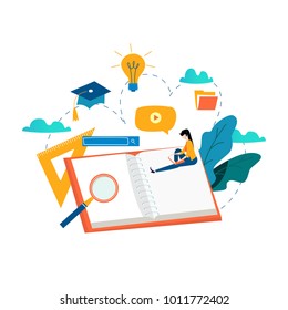 Education, online training courses, distance education vector illustration. Internet studying, online book, tutorials, e-learning, online education design for mobile and web graphics