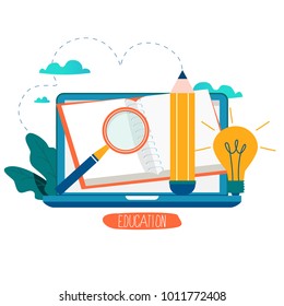 Education, online training courses, distance education vector illustration. Internet studying, online book, tutorials, e-learning, online education design for mobile and web graphics