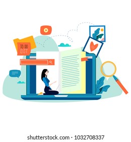 Education, online training courses, distance education flat vector illustration. Internet studying, online book, tutorials, e-learning, online education design for mobile and web graphics