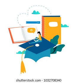 Education, online training courses, distance education flat vector illustration. Internet studying, online book, tutorials, e-learning, online education design for mobile and web graphics