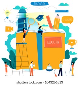 Education, online training courses, distance education flat vector illustration. Internet studying, online book, tutorials, e-learning, online education design for mobile and web graphics