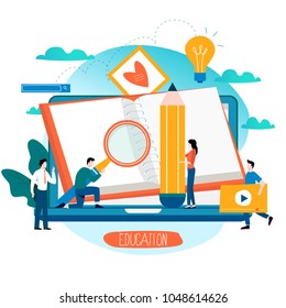 Education, online training courses, distance education flat vector illustration. Internet studying, online book, tutorials, e-learning, online education design for mobile and web graphics