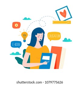 Education, online training courses, distance education vector illustration. Internet studying, online book, tutorials, e-learning, online education design for mobile and web graphics