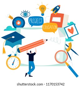Education, online training courses, distance education flat vector illustration. Internet studying, online classes, tutorials, e-learning, online education design for mobile and web graphics