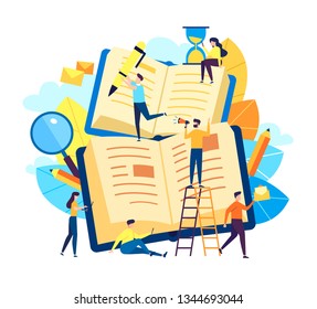 Education, online training courses, distance education. Flat vector illustration. Internet studying, online book, tutorials, e-learning, online education design for mobile and web graphics