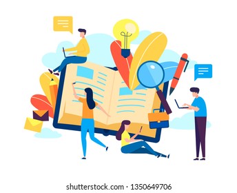 Education, online training courses, distance education flat vector illustration. Internet studying, book, tutorials, e-learning, online education design for mobile and web graphics, cartoon style