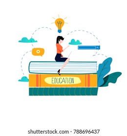 Education, online training courses, distance education vector illustration. Internet studying, online book, tutorials, e-learning, online education design for mobile and web graphics