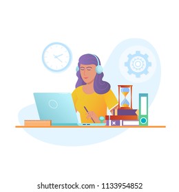 Education Online vector design concept.Young woman in headphones sitting at a table and working with laptop in a home office