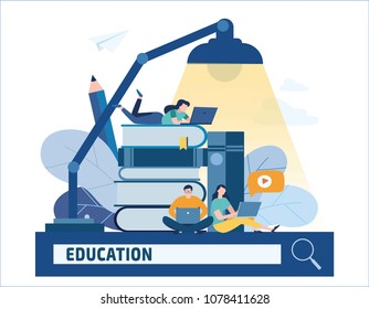 education online vector illustration
internet studying book tutorials concept.
training courses distance banner design.
young student using laptop with e-learning
flat cartoon character for web mobile