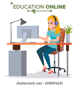 Education Online Vector. Young Woman In Headphones Sitting. Home Online Training Course. Modern Study Technology. Isolated Flat Cartoon illustration