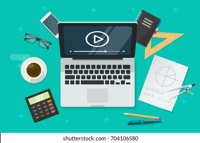 Education online via laptop vector illustration, flat cartoon table with computer showing distance learning video lesson, idea of e-learning, internet education, webinar studying