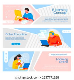 Education online web pages set. Students sitting in front of computers studying online. E-learning, educational web seminar, internet course, digital library flat vector illustration