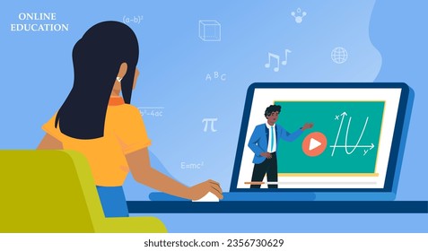 Education online. Woman watch video at laptop