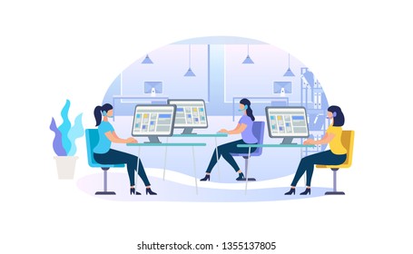 Education Online. Young Women in Headsets Sitting at Computer Monitors Learning and Gaining Knowledge Together in Special Classroom Isolated on White Background. Cartoon Flat Vector Illustration, Icon