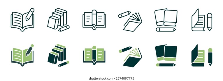 education open book and crayon icon line set study writing task with pencil learning school literature signs vector illustration